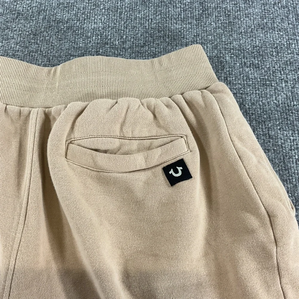 True Religion Mens Sweat Shorts Medium Beige Logo Drawstring Fleece Lounge M